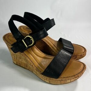 Born Lenore Black Leather Cork Platform Wedge Sandals Women's Size 9M BR0038403